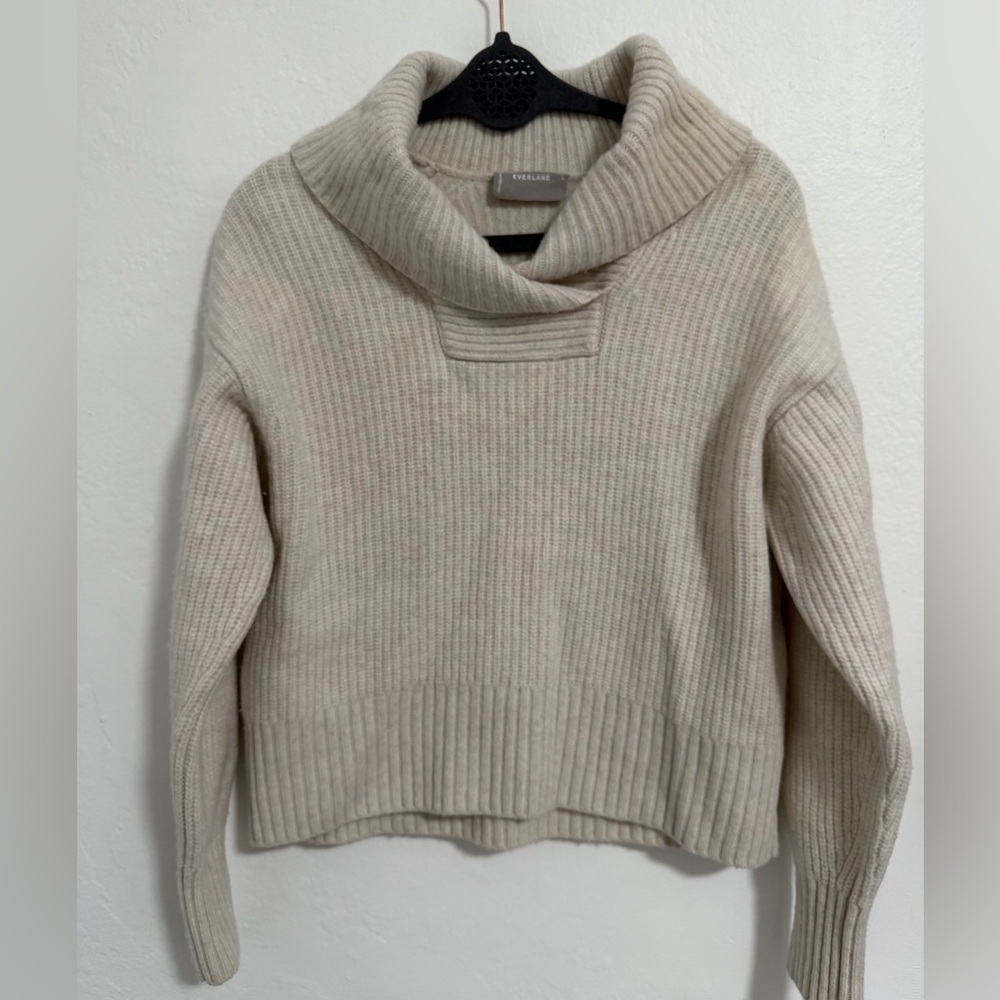 Everlane Wool Sweater Womens L Beige Oatmeal Ribbed Cowl Neck Chunky Knit